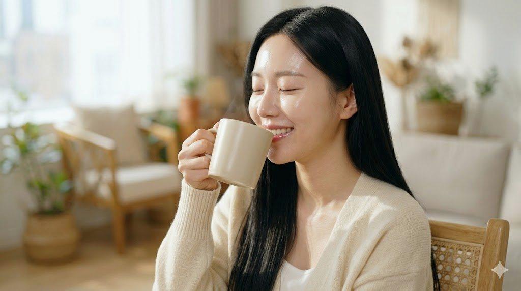 夕方のデスクでハイカカオチョコレートを手にリラックスした笑顔の大人女性