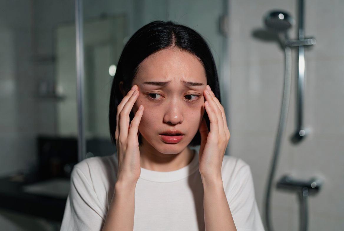 夕方の鏡に映るくすんだ肌を気にする女性の横顔と時計のイラスト