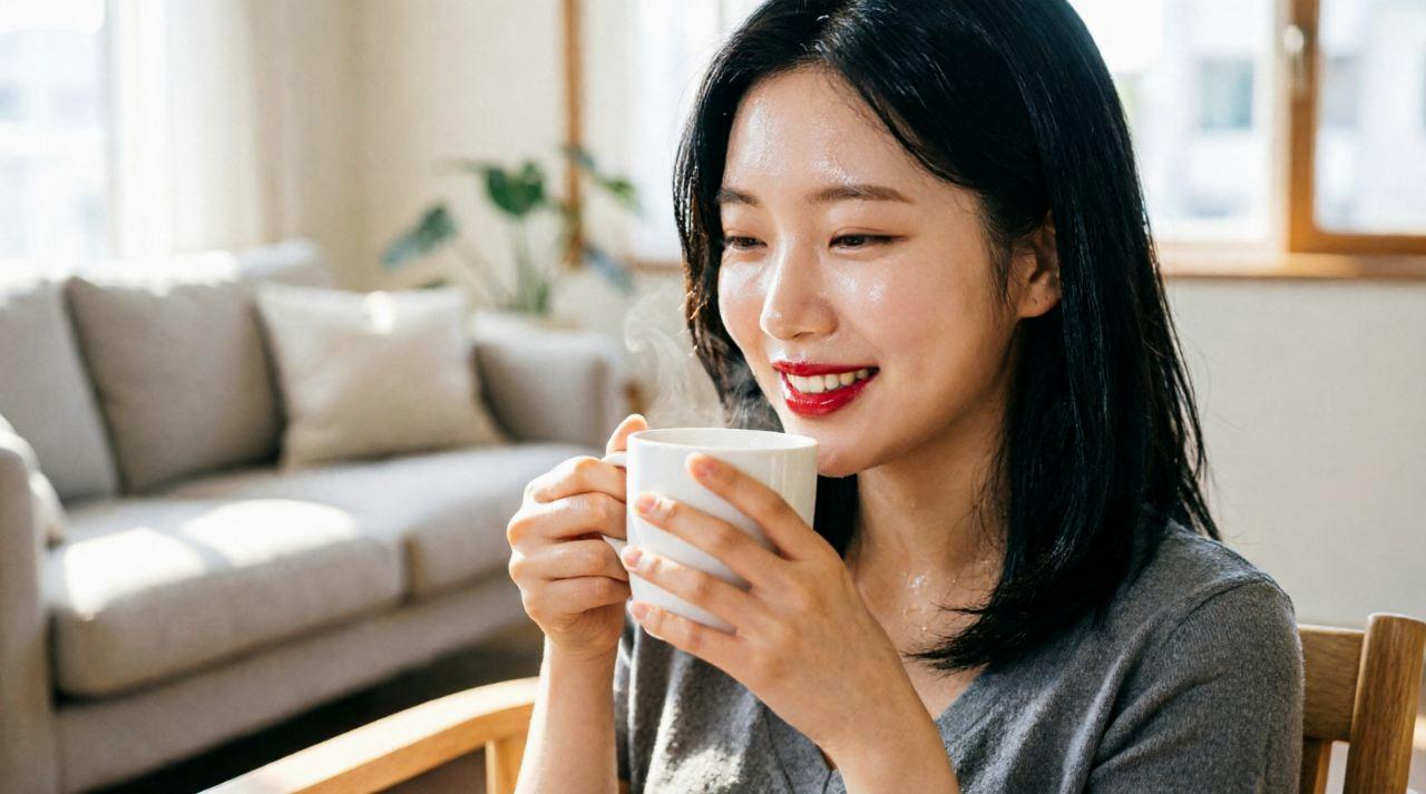 湯船から上がってほっとした笑顔の女性のポートレート