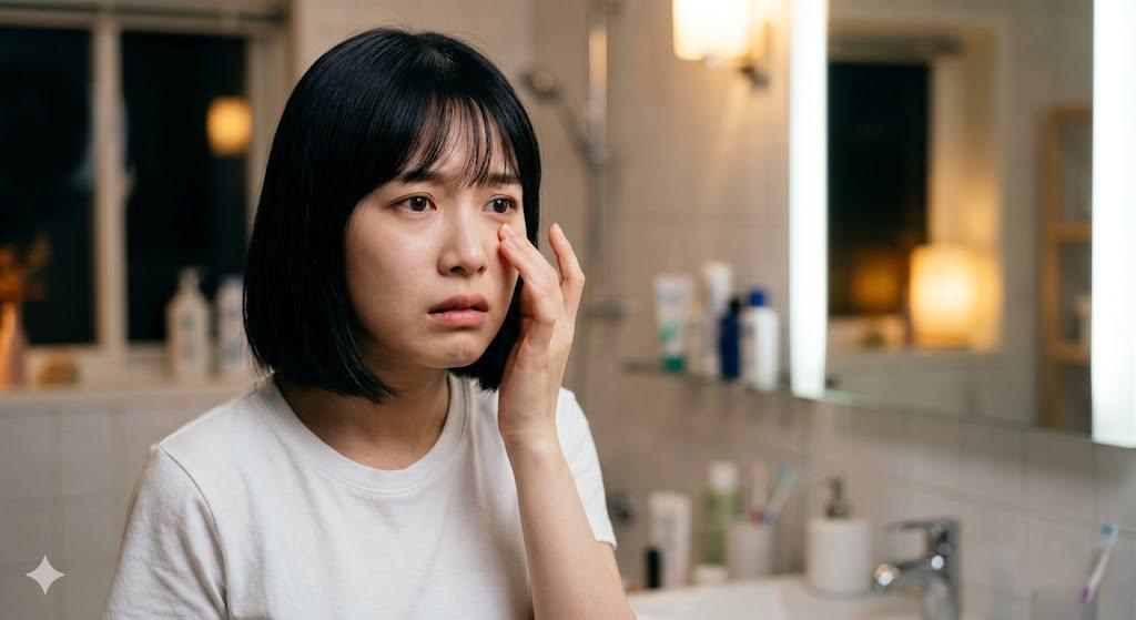 日中用アイクリームとサングラス、日傘で目元を守る女性の外出シーン