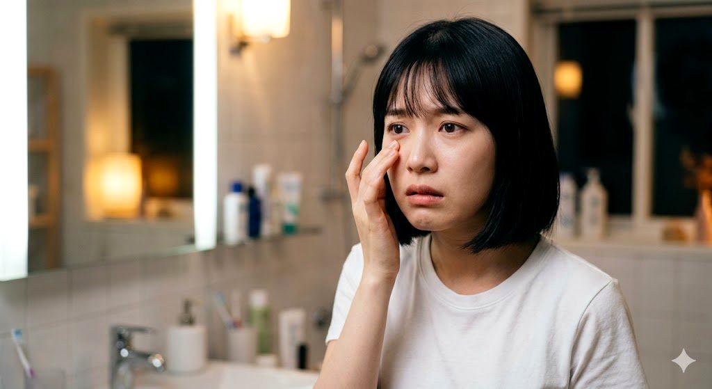 鏡を見てフェイスラインのたるみを気にする女性の横顔
