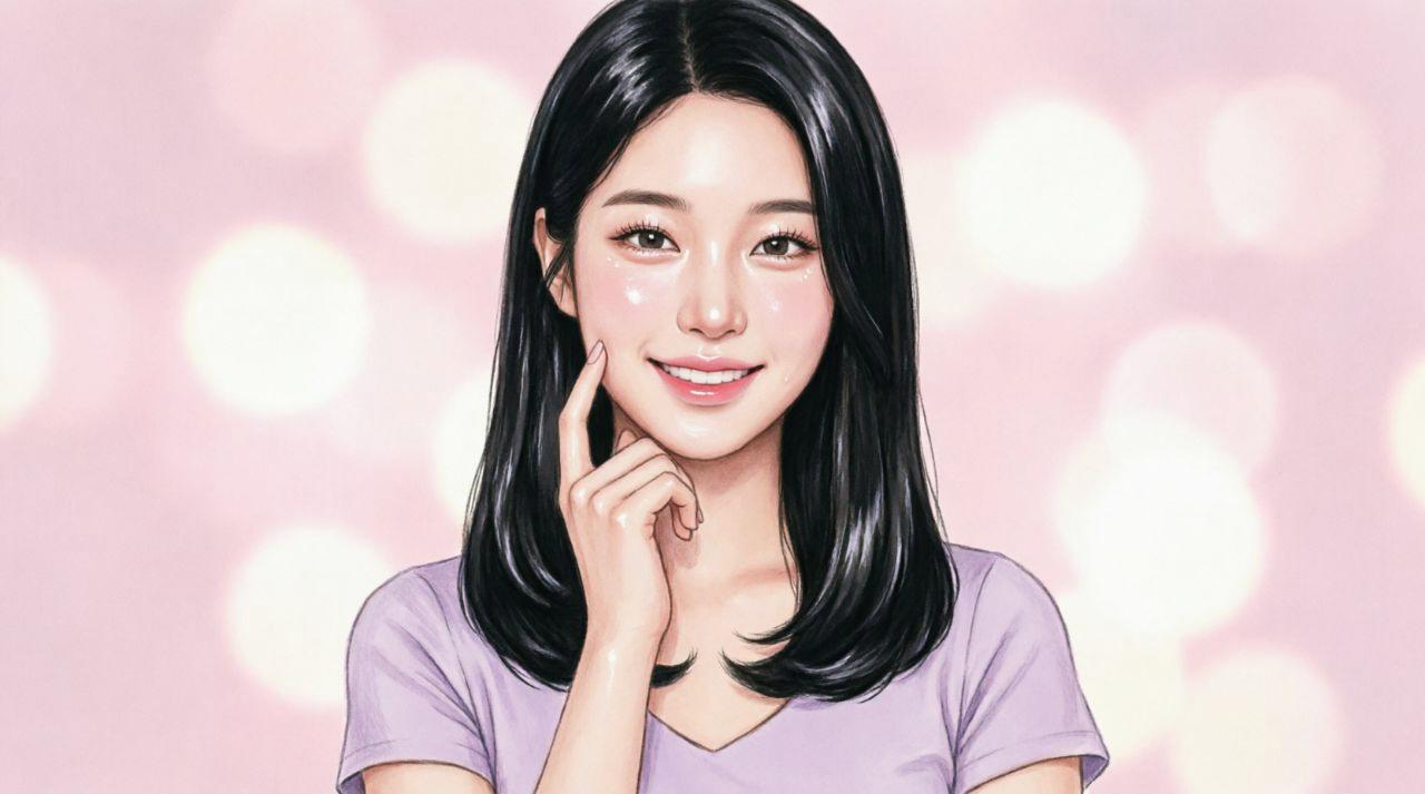 透明感のあるツヤ肌でやわらかく微笑む50代女性の上品なポートレート