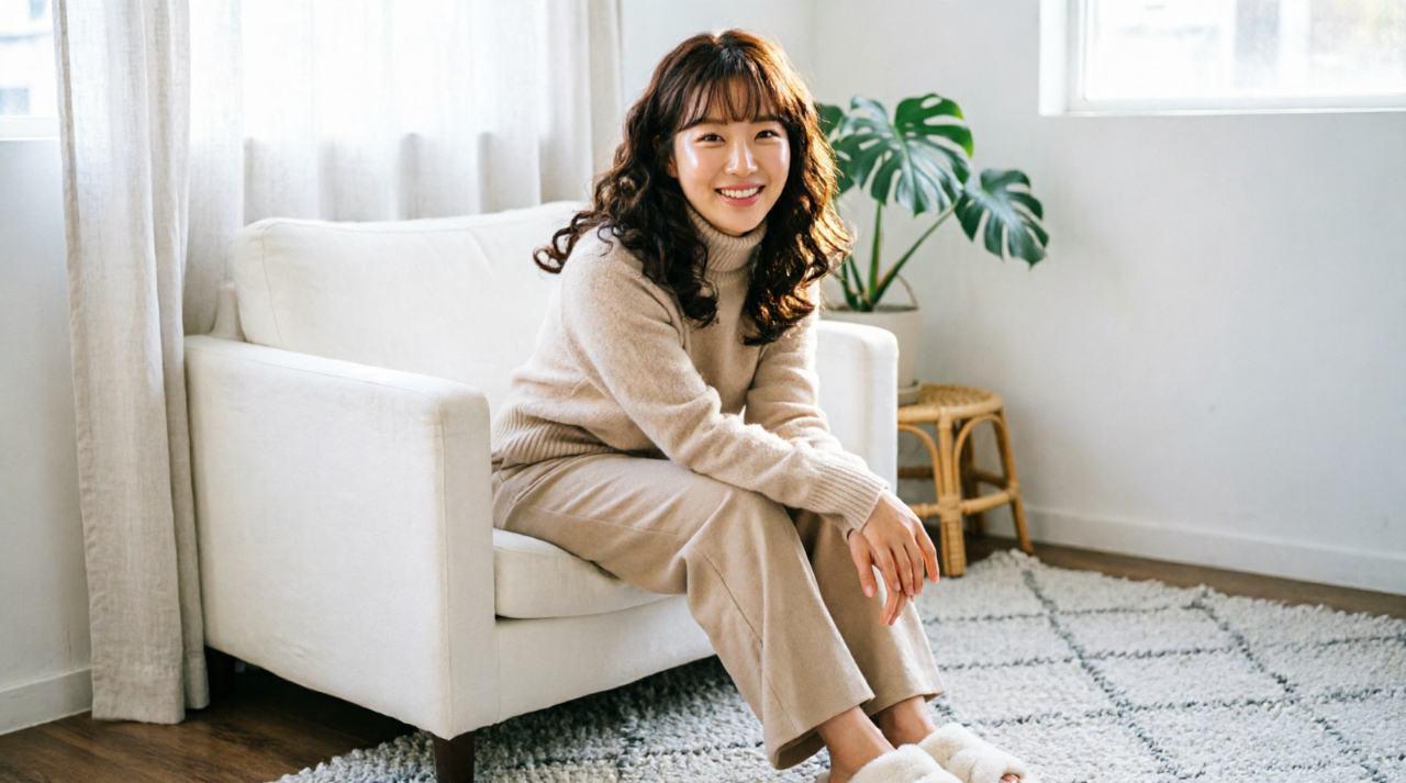 寝室の柔らかい照明の中でスキンケアをする女性
