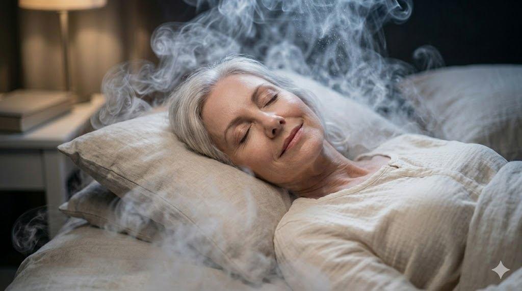 安らかに眠る女性と、その隣に描かれた成長ホルモンのアイコン