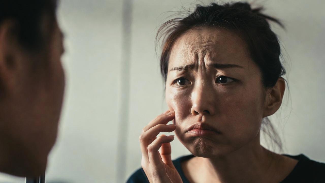 大人ニキビの特徴を確認するため肌を近くで見つめる女性