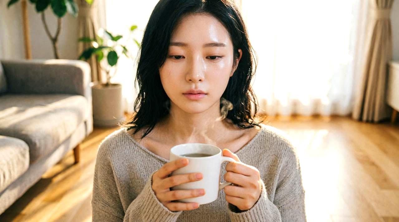 朝のカモミールティーを飲みながら顔のむくみをチェックする女性