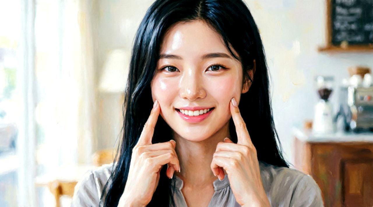 ナッツを手に持ち自信に満ちた笑顔を見せる女性